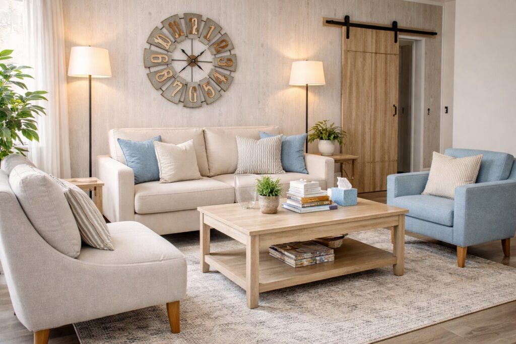 Bright, cozy therapy office with comfortable seating, natural light, and neutral decor designed for calm, private counseling.