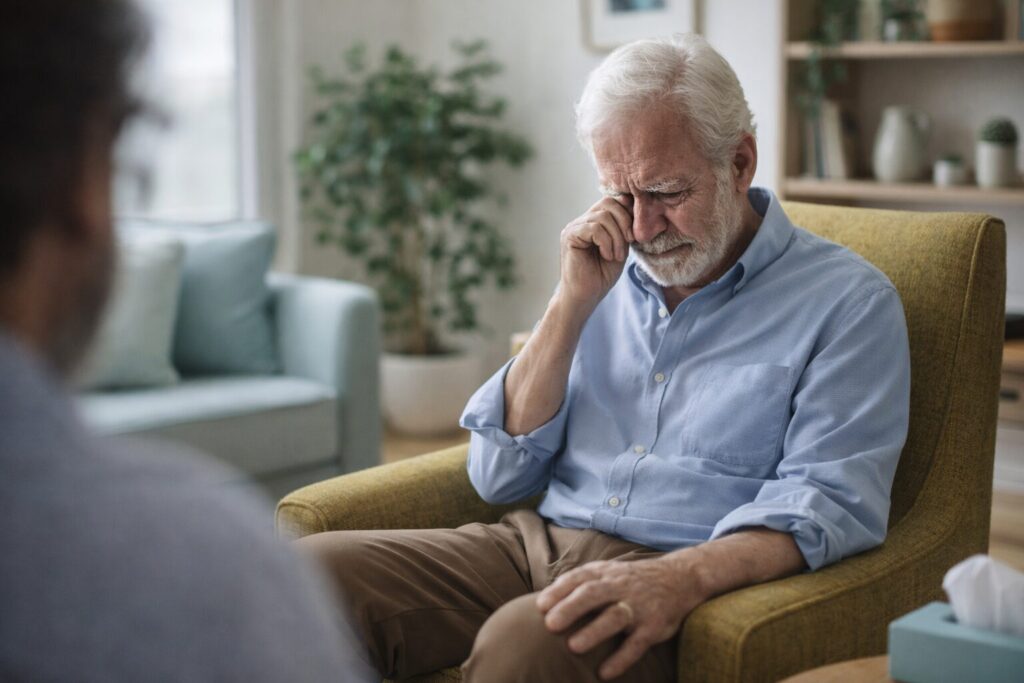 Tearful, upset, sad elderly man sitting in a therapy office processing his emotions with a therapist.