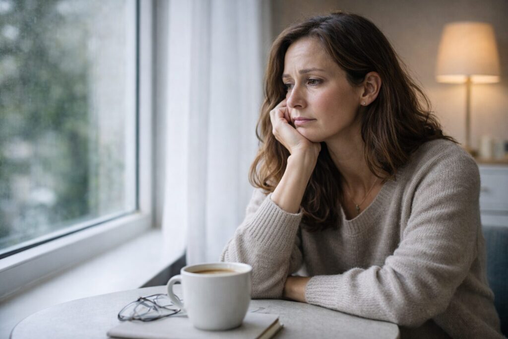 Depressed, sad, lonely, upset, middle aged woman looking out the window with a cup of coffee.