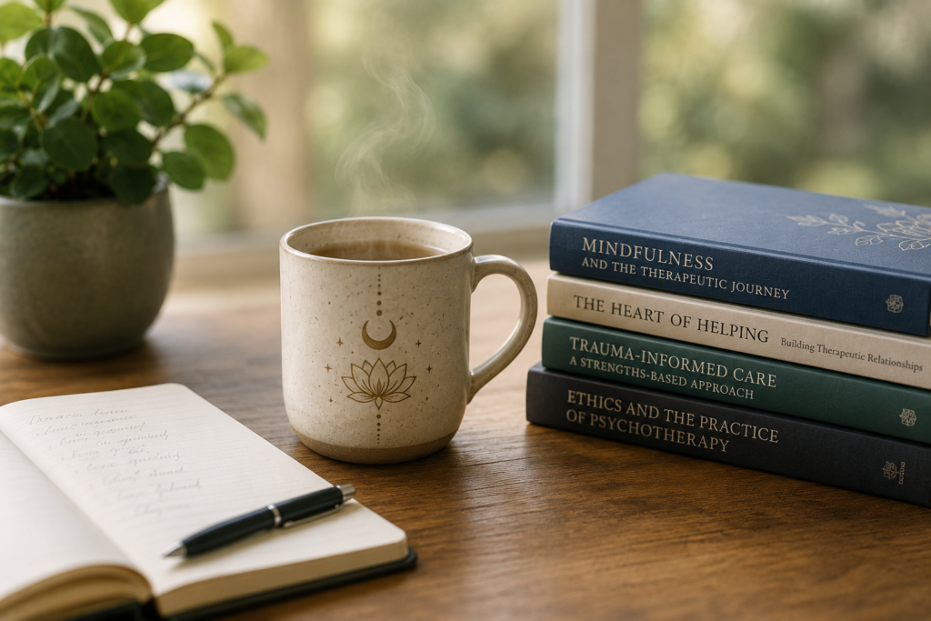 Steaming ceramic mug with a lotus and moon design beside an open notebook and stack of books in a softly lit workspace