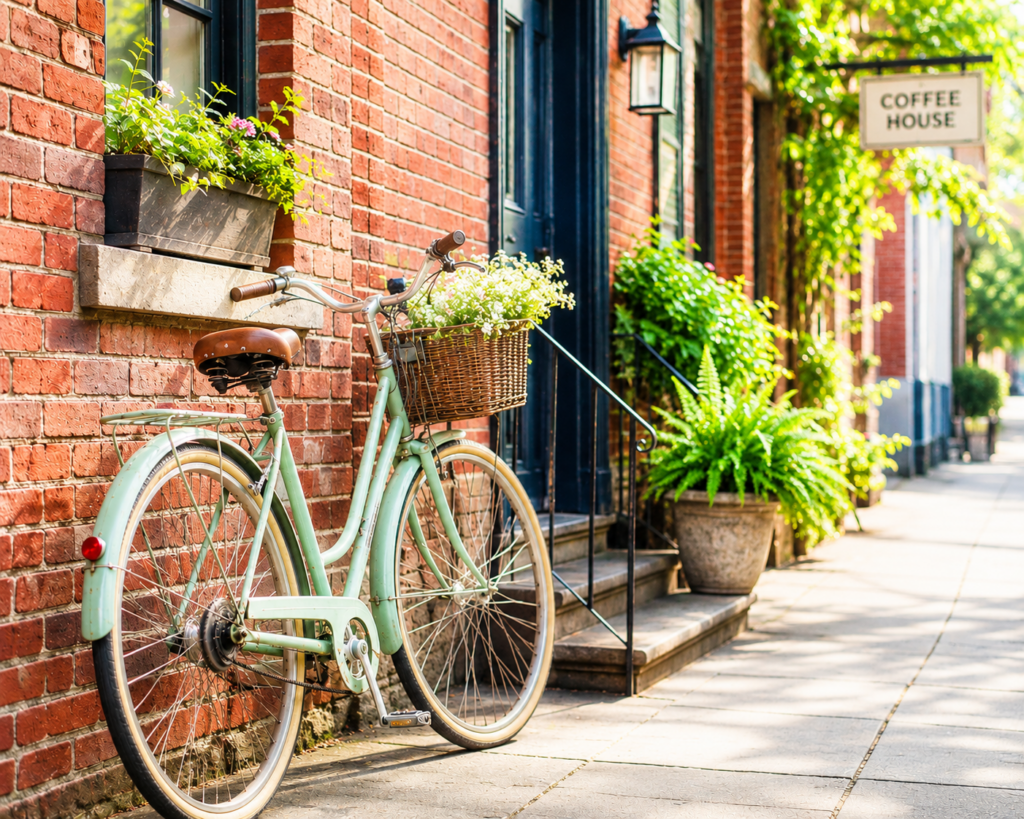 Vintage mint-green bicycle with a flower-filled basket leaning against a red brick building on a bright, sunlit sidewalk lined with potted plants.