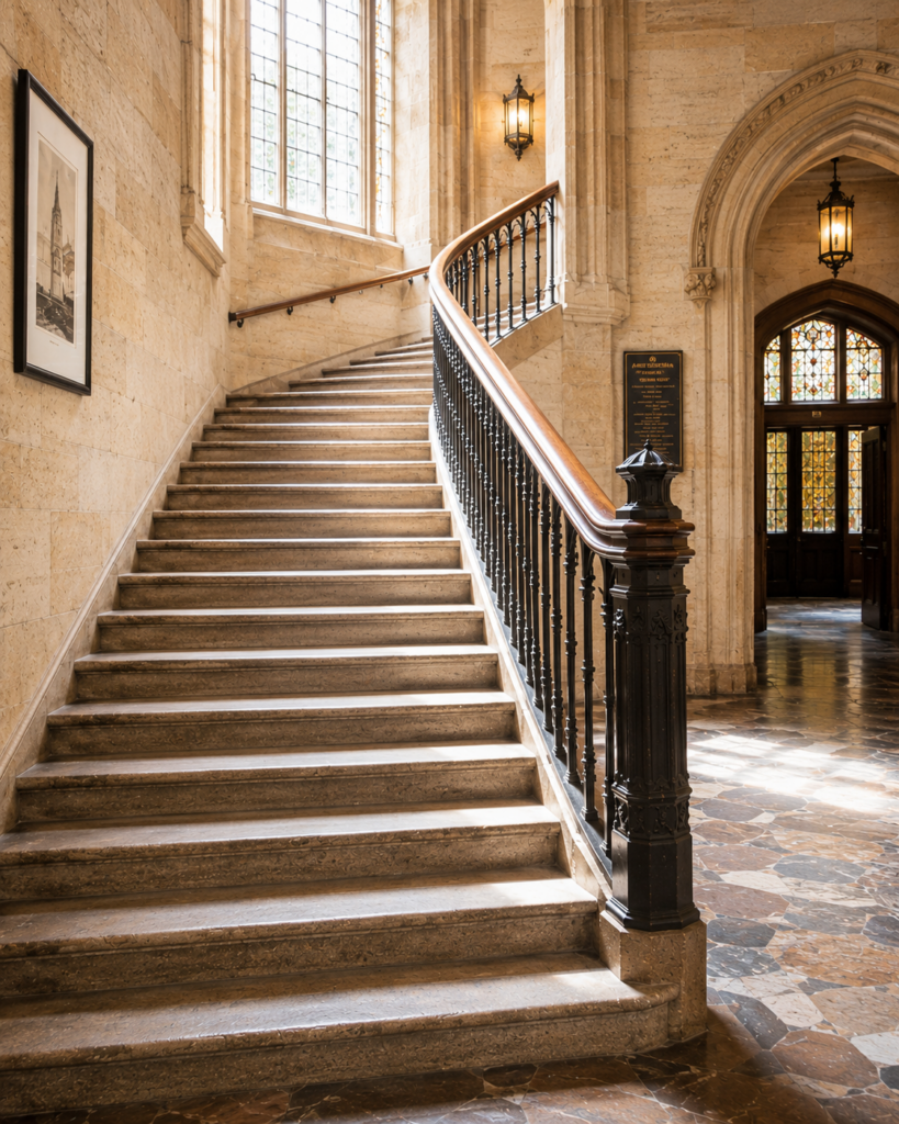 Softly lit staircase in a historic building with stone steps, tall windows, and a curved handrail leading upward.