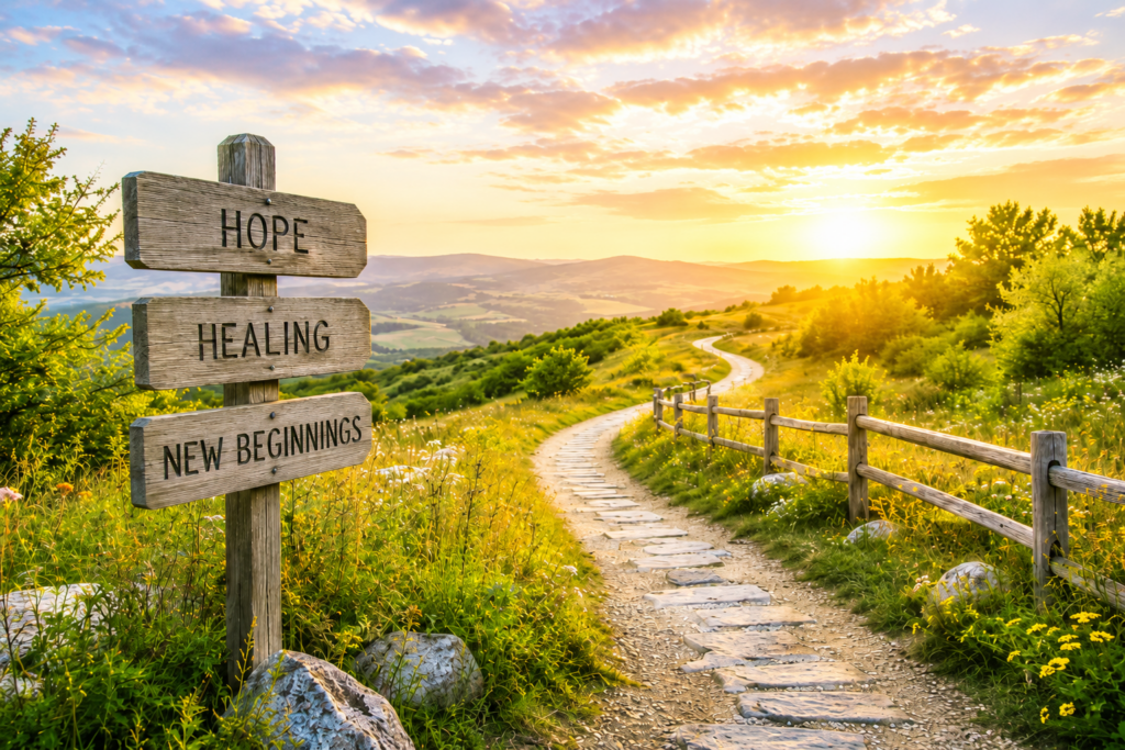 Wooden signpost displaying the words “Hope,” “Healing,” and “New Beginnings” beside a winding path leading toward a sunset over rolling hills and wildflowers.