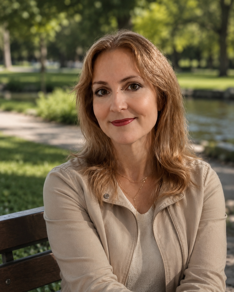 Crystal Sombatphibane, LCSW, LMSW sitting on a bench in a park
