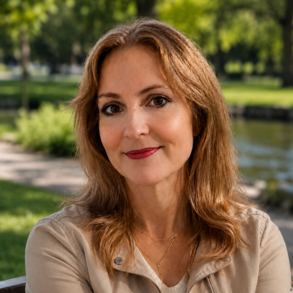 Crystal Sombatphibane, LMSW sitting on a bench in a park