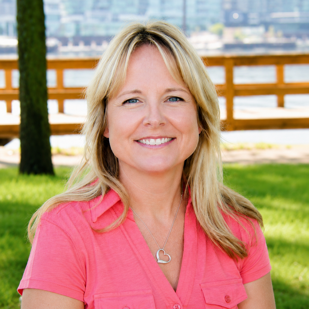 Michelle Trudell, LMSW, CAADC sitting in a park with a river behind her.