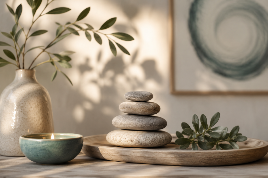 Stacked river stones with a ceramic vase, greenery, and a lit candle in a calm, softly lit setting.