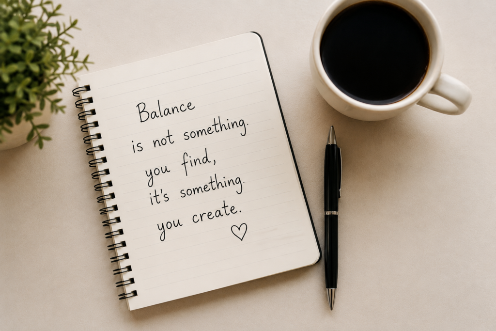 Notepad with writing sitting next to a cup of coffee.