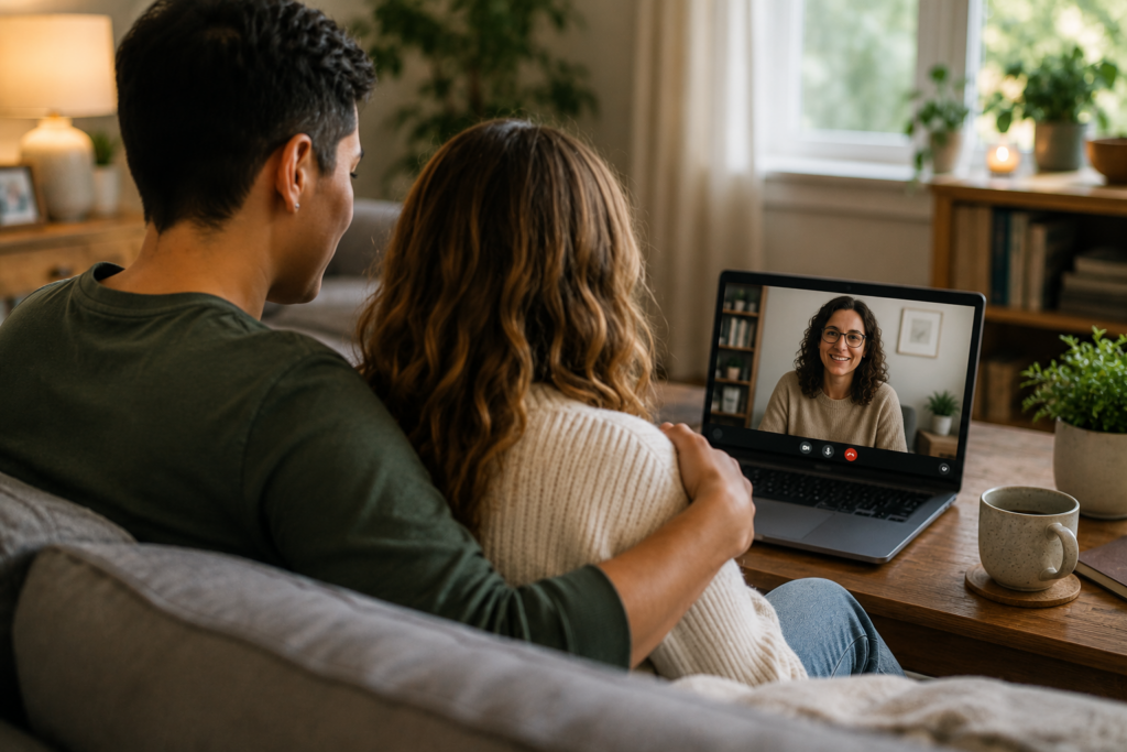 A couple sitting together on a couch looking at a telehealth therapist doing a virtual session.