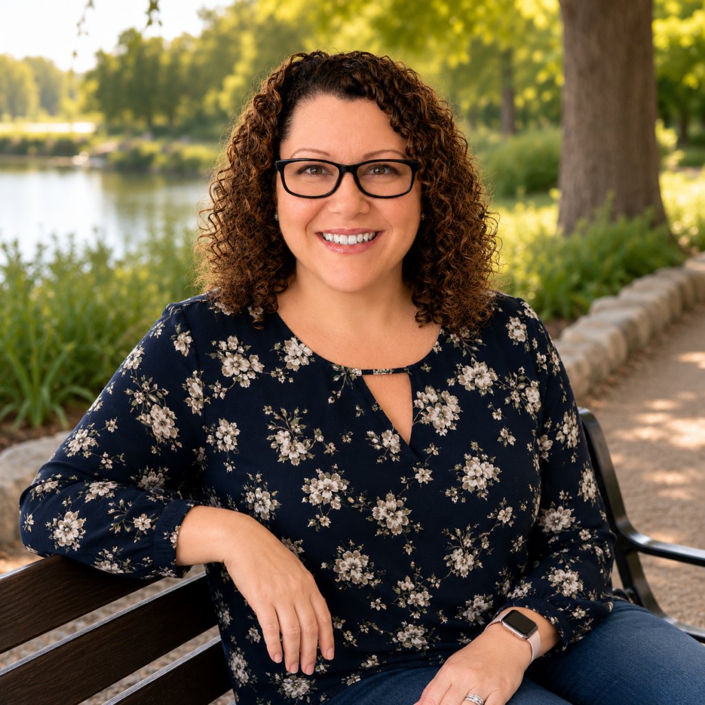 Samantha Schalk, LMSW, therapist at Journey Counseling Center, smiling outdoors sitting on a bench in a park