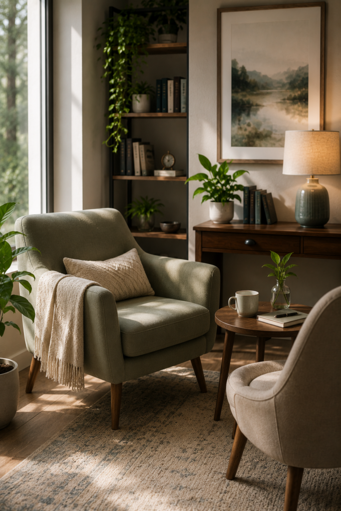 Two comfortable chairs facing one another in a peaceful therapy office with natural light and plants.