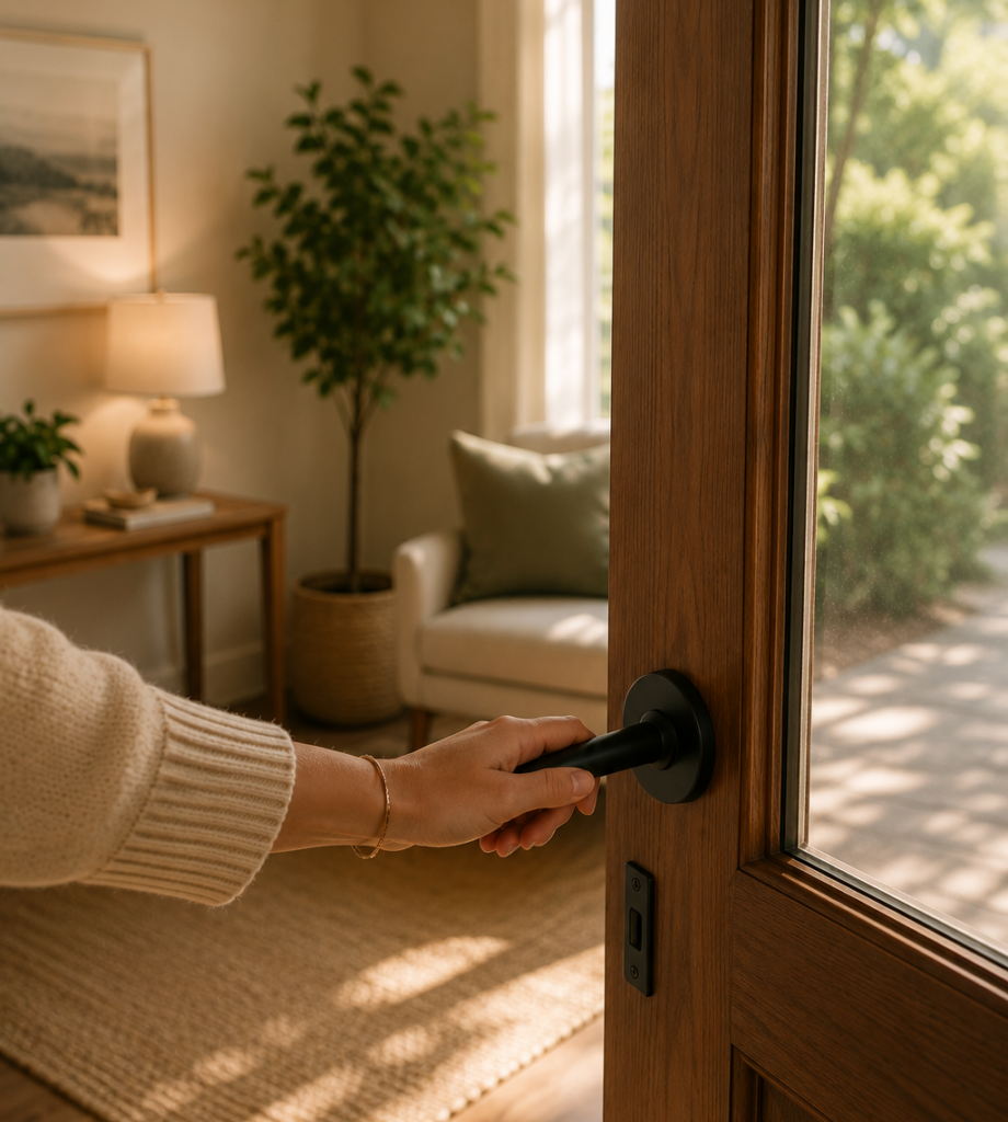 Hand opening a welcoming doorway, symbolizing taking the first step toward beginning therapy.